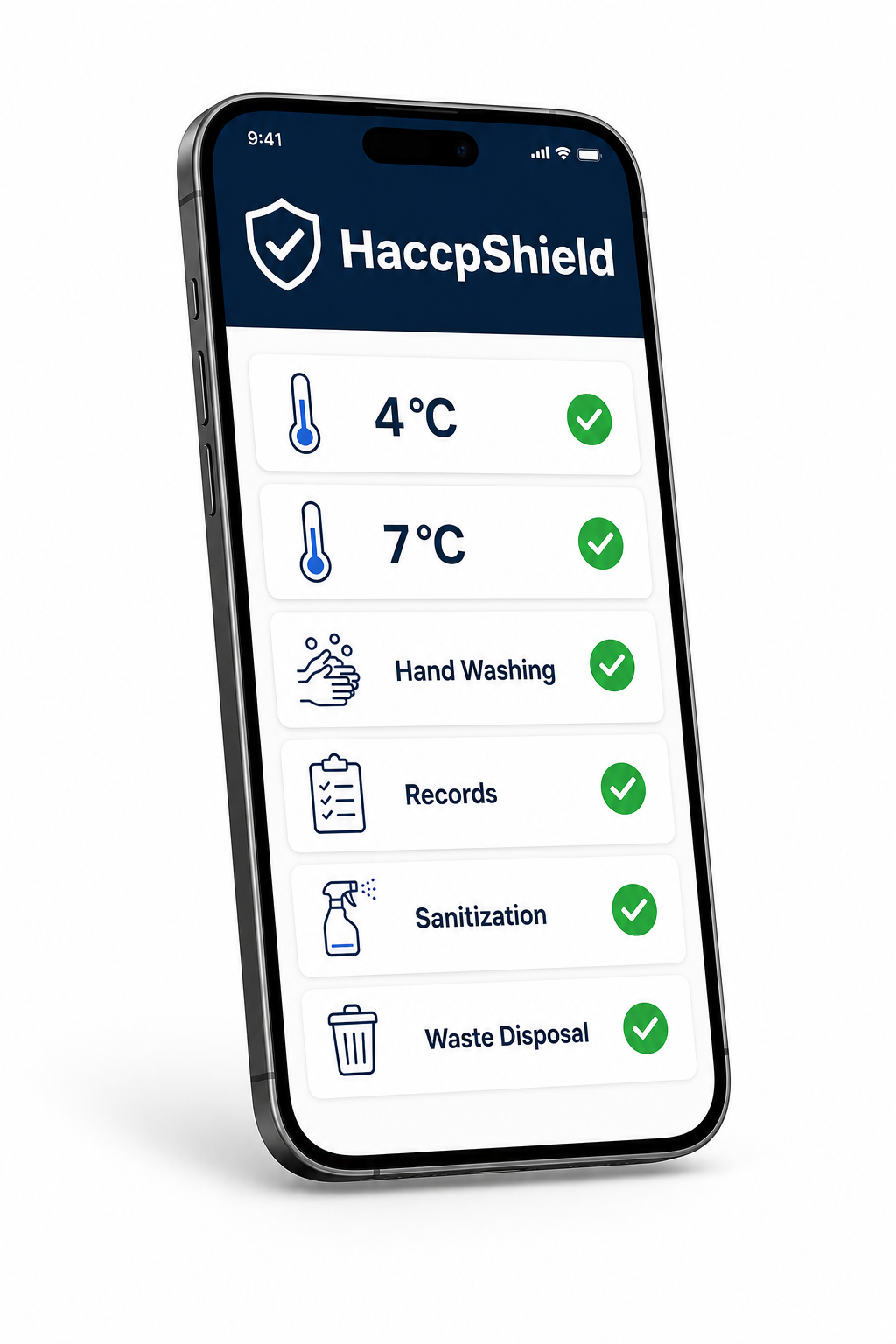 HaccpShield hygiënecode-app op smartphone met temperatuurregistratie en checklist