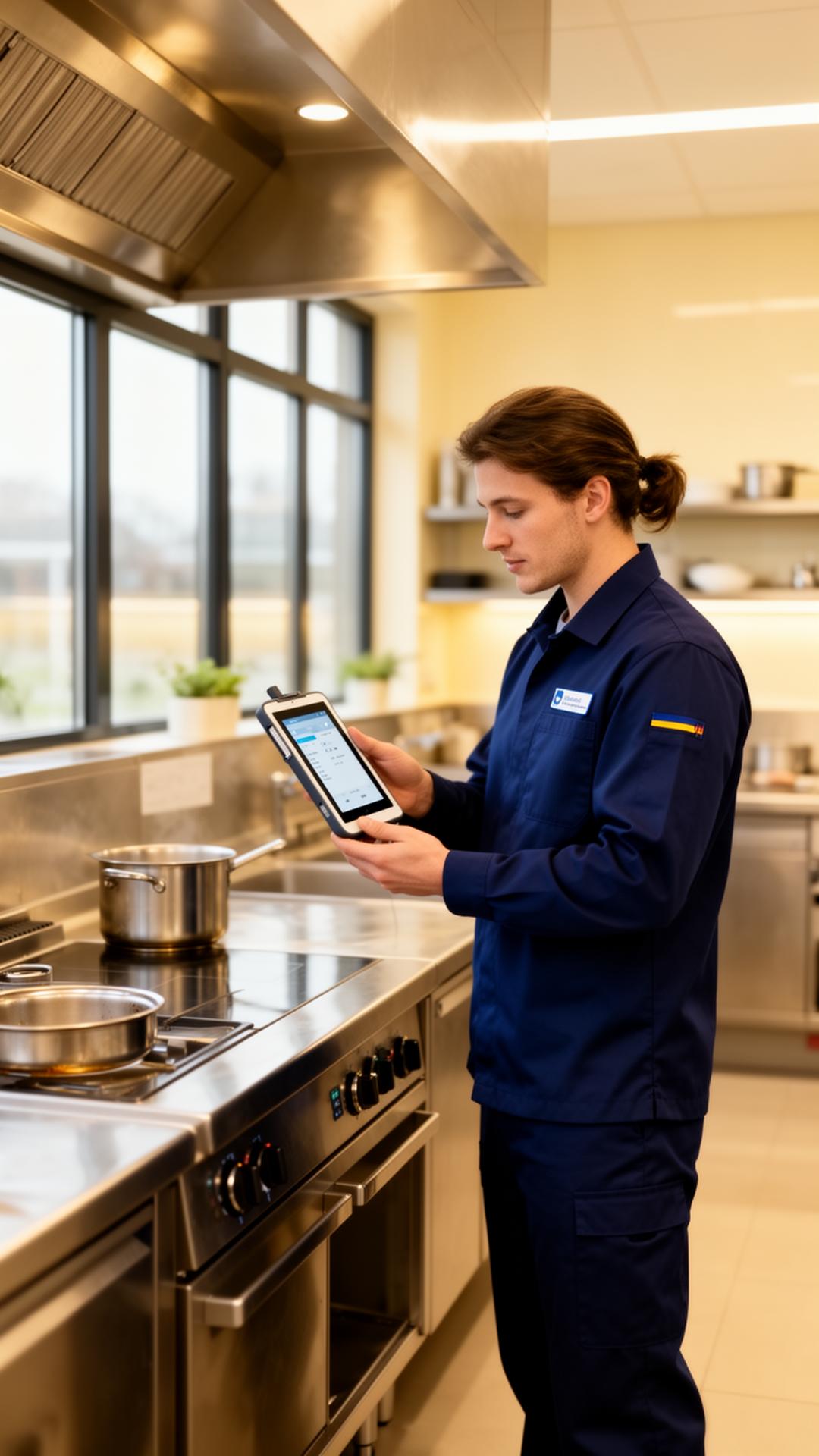 HACCP-consultant inspecteert een professionele keuken met digitale tablet